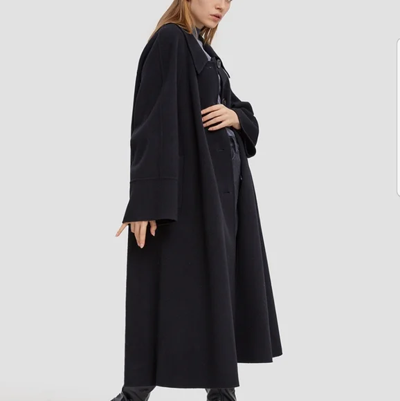 *NWT Buttoned Long Wool Coat (Black) - Silk Maison